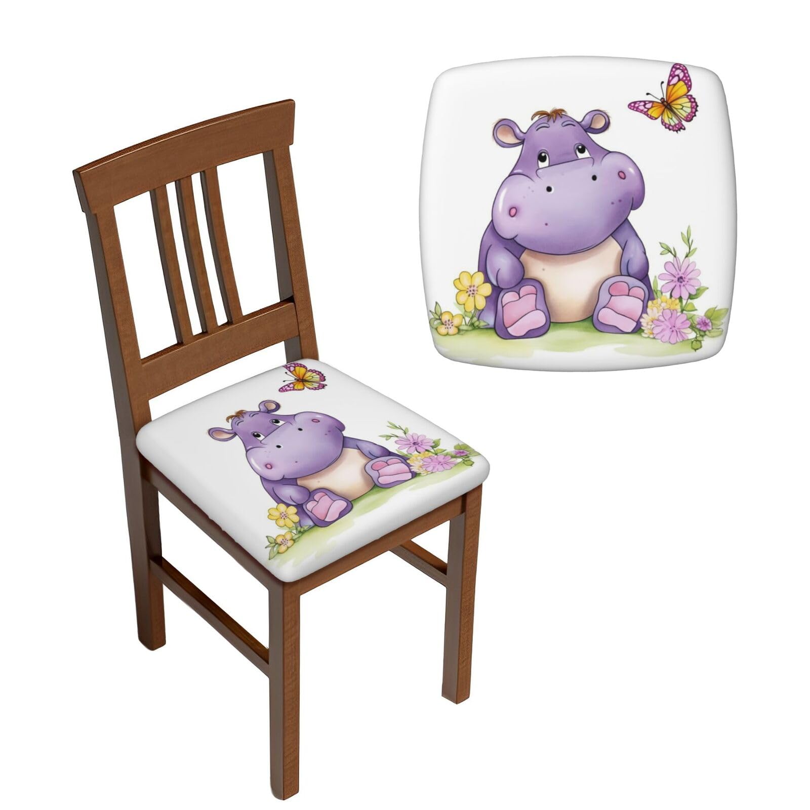 NONHAI 6PCS Dining Chair Seat Covers Set Butterfly and Hippo Stretch Removable Chairs Covers Washable Seat Cushion Slipcovers Protector for Dining Room Kitchen Chairs