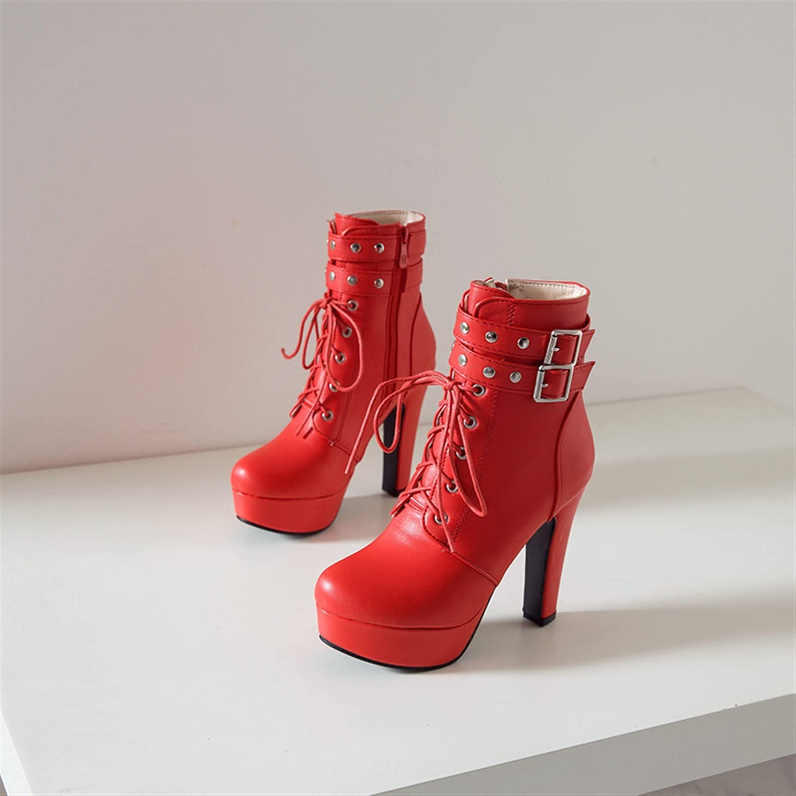 FARZAH Womens Buckle Straps Block Heeled Booties with Studded