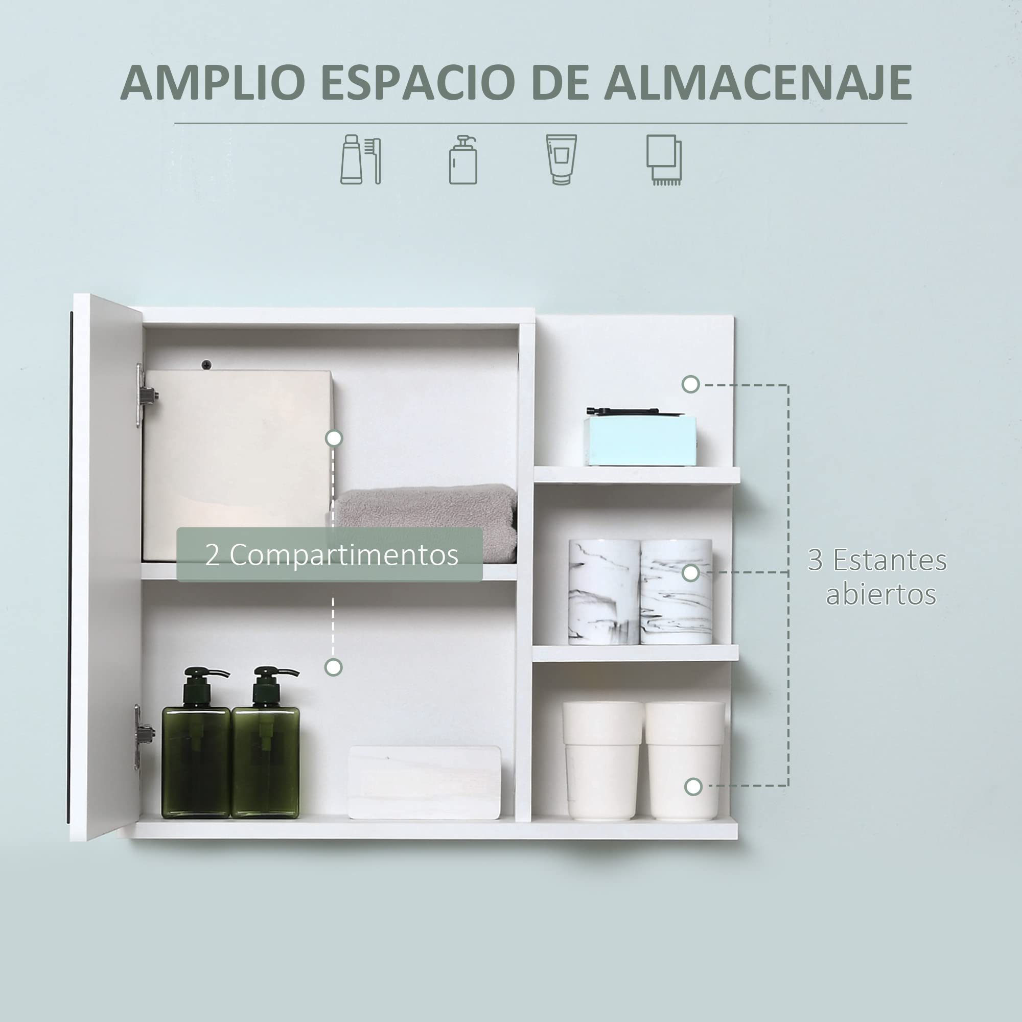 kleankin Armario de Baño con Espejo Armario con Espejo para Baño con 3 Estantes Abiertos y 1 Estante Interior Estilo Moderno 60x18x50 cm Blanco