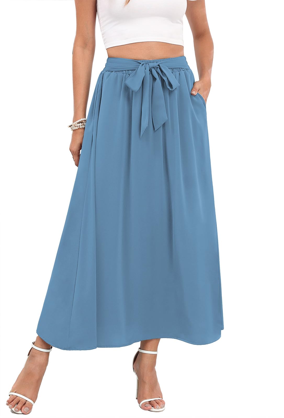 Askyes Womens Maxi Skirt Summer Trendy Tie Knot Elastic High Waisted Boho Casual Beach Flowy Swing Long Skirts with Pockets