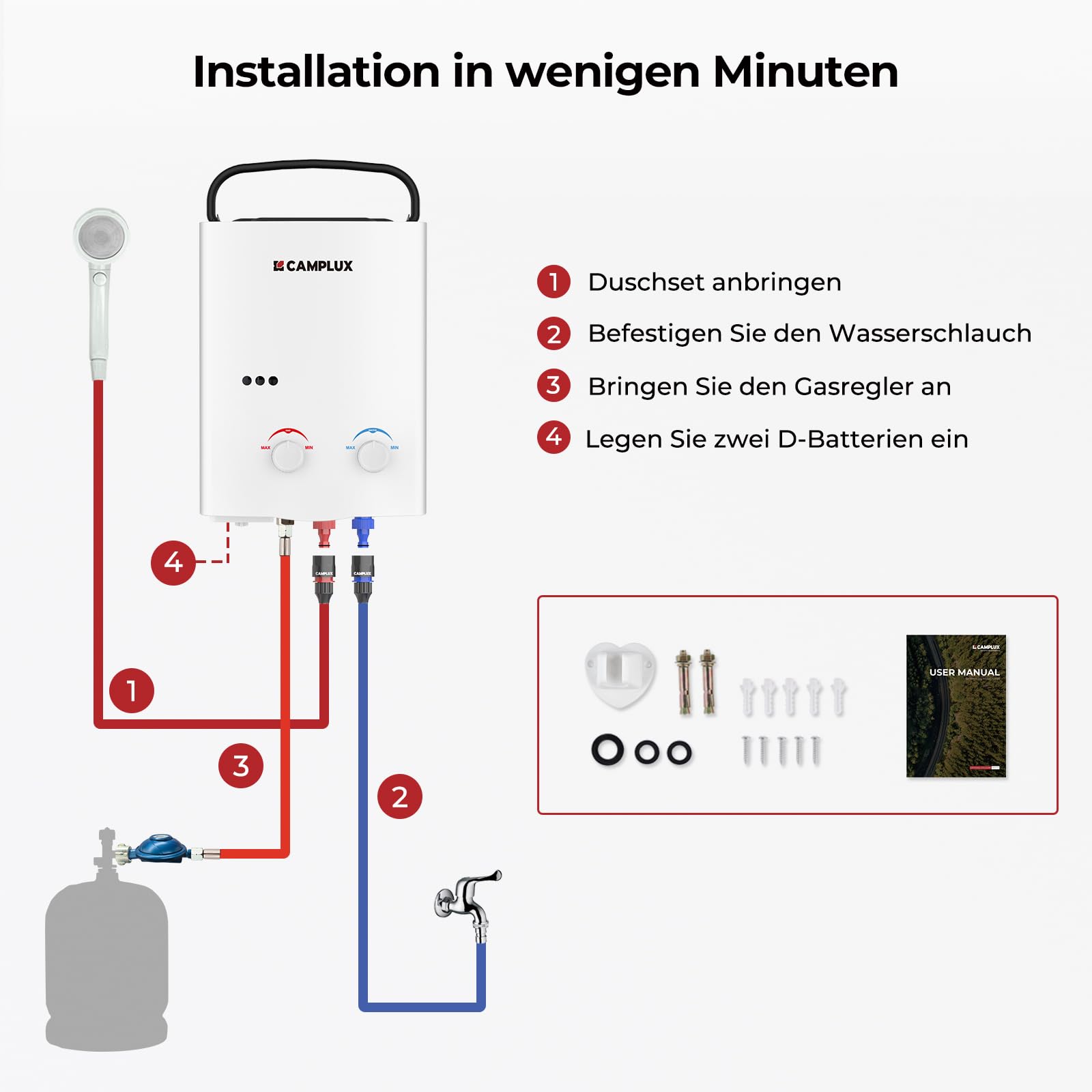 CAMPLUX AY132-DE 5 Liter Tankless Gasdurchlauferhitzer 50mbar, LPG Durchlauferhitzer mit Tragbarer Griff, 10 kW, Propan- oder Butangas, Campingdusche
