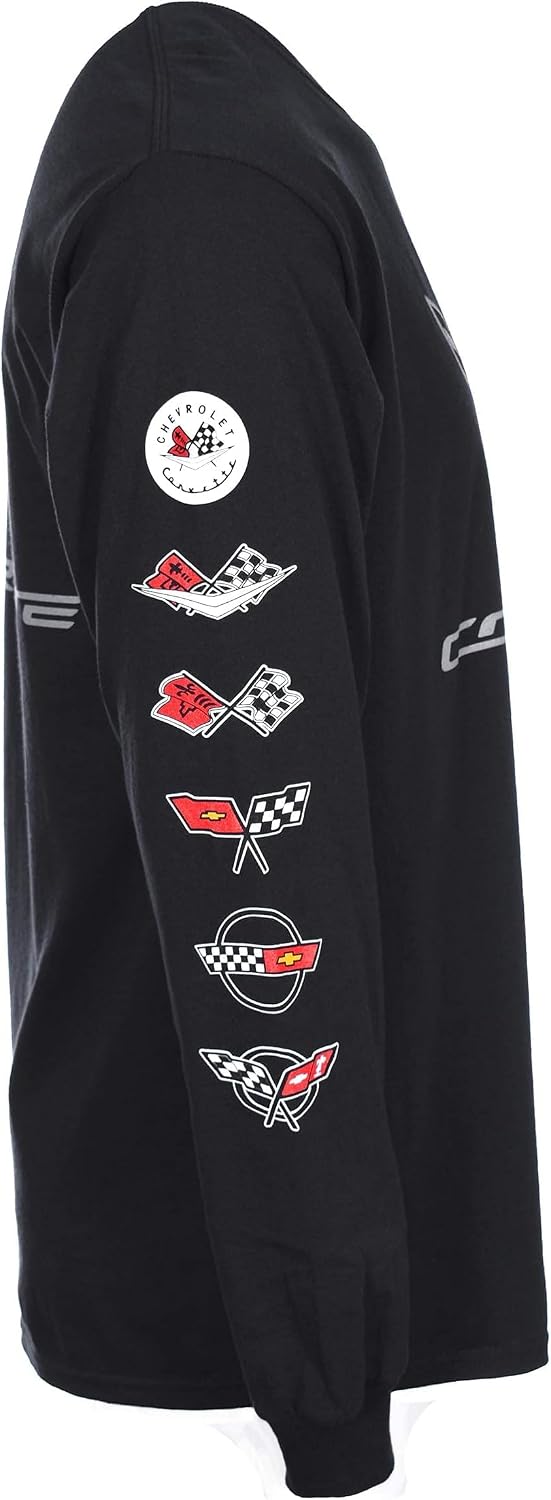 JH Design Men's Chevy Corvette C7 Long Sleeve Black T-Shirt Front Back & Sleeve Logos