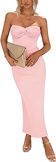 Women's Bodycon Long Dresses Summer Strapless Tube Twist Knot Front Ribbed Knit Maxi Cocktail Dress with Slit - Buy now