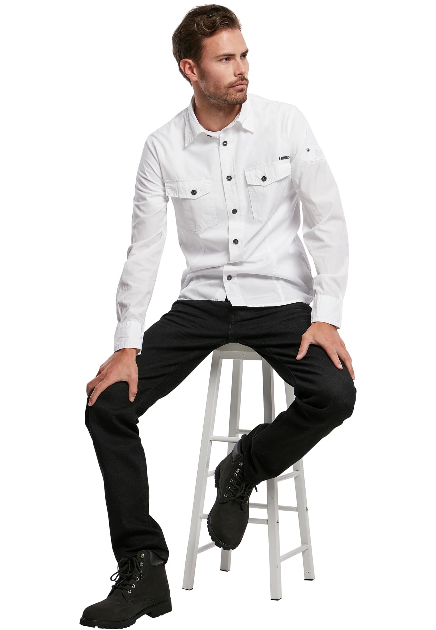 Brandit Camisa Ajustada Hombre Manga Larga Negro Labelpatch, Stickerei Estrechos