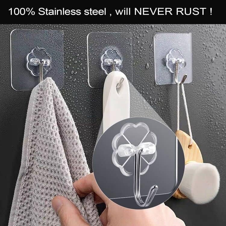 Image of Self Adhesive Wall Hooks - 20 Pcs Heavy Duty Wall Hooks for Hanging | Nail Free Sticky Hooks for Wall Heavy Items Without Drilling, Transparent Wall Hanger Hook (Flower Hook, 20)
