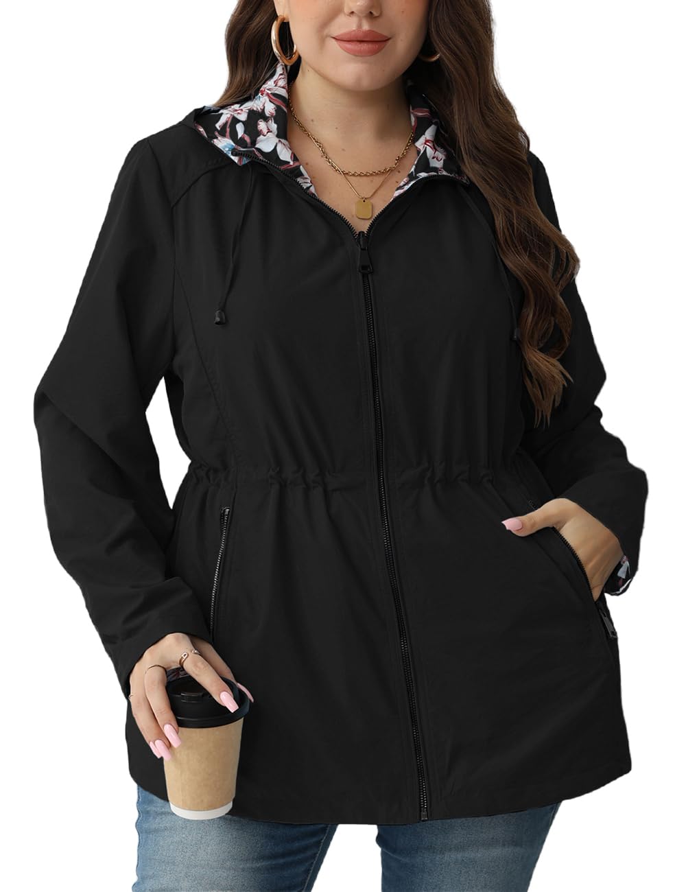 Geschallino Donna Cappotto Casual Reversibile Taglie Forti Stampa Floreale Giacca a Vento Leggera con Cappuccio
