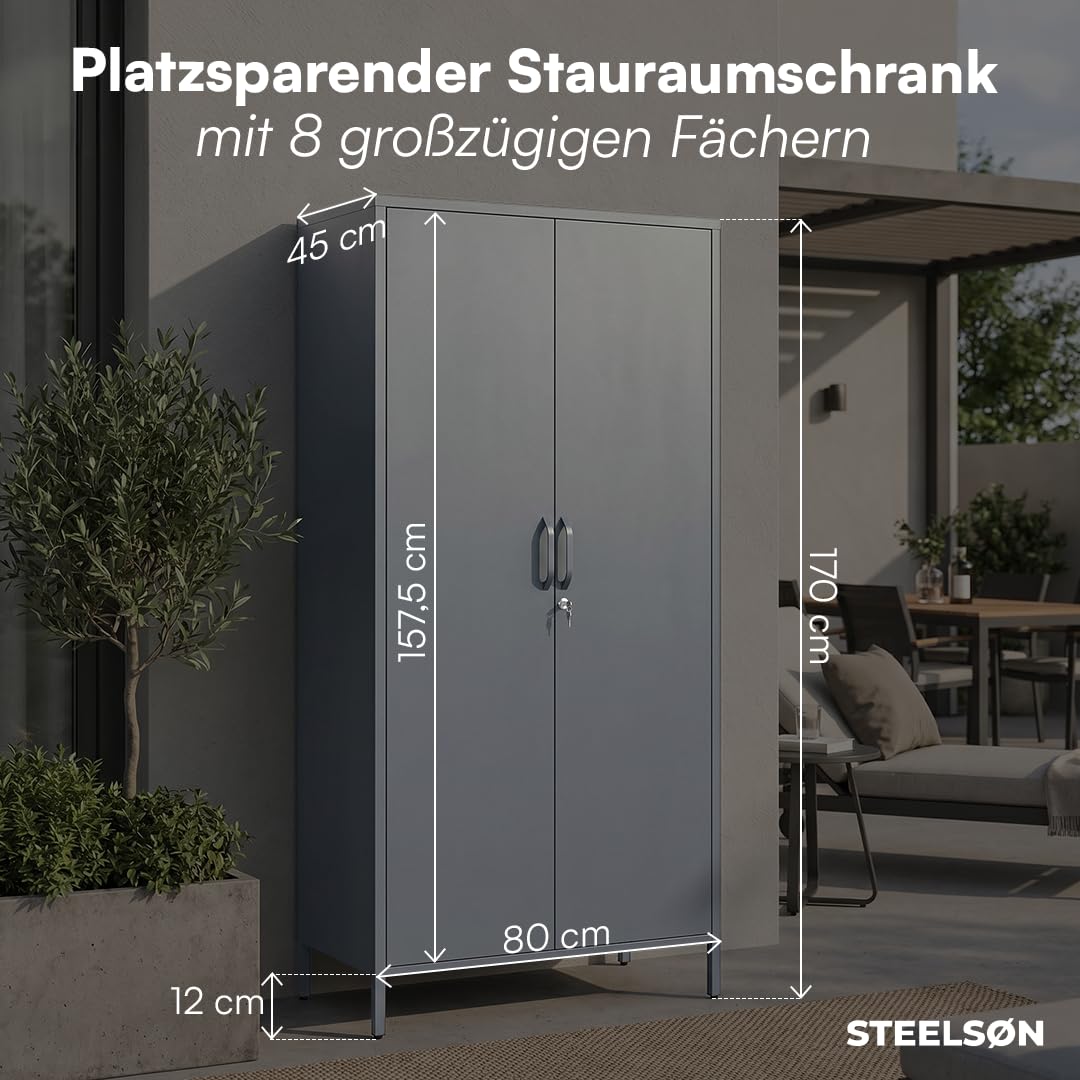 STEELSØN Menkent Outdoor Schrank aus Metall 170x80x45 cm wetterfest Doppeltür Schloss 8 verstellbare Fächer anthrazit
