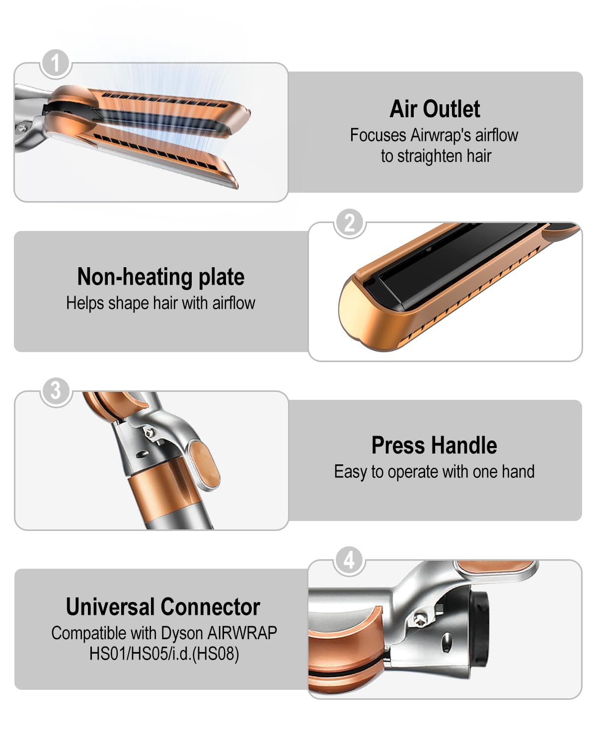 Airflow attachment compatible with Dyson Airwrap Multi-Styler, No heat damage for Natural Straight Styling, fits HS01 HS05 i.d. Copper