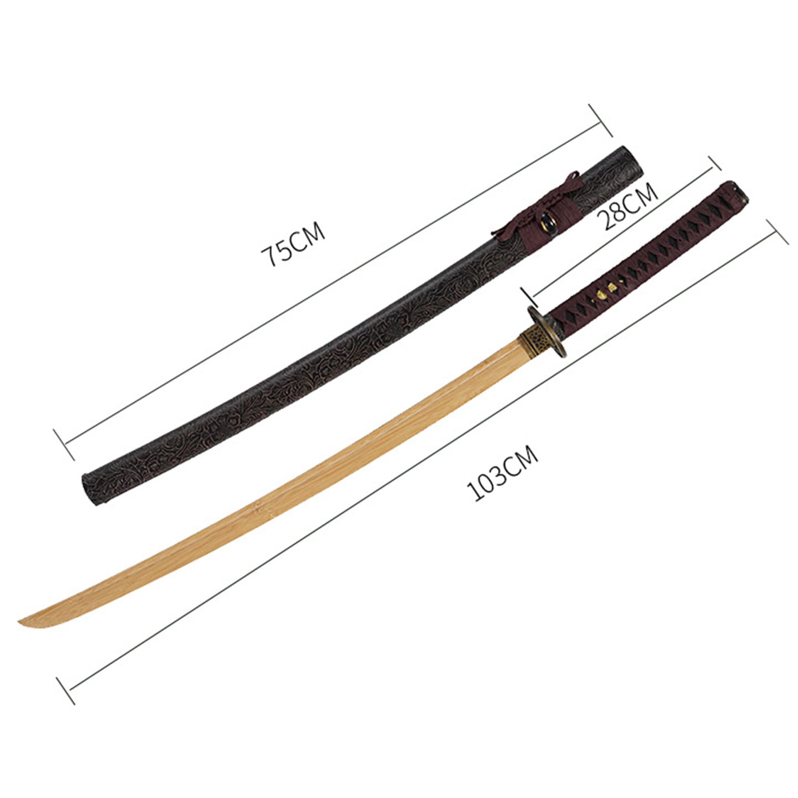 Katana en Bambou Naturel de 103 cm,Bokken Fait Main avec Fourreau en Bois gainé de Cuir,Sabre de samouraï en Bois pour Cadeau,Exposition,entraînement,Cosplay,Accessoires.