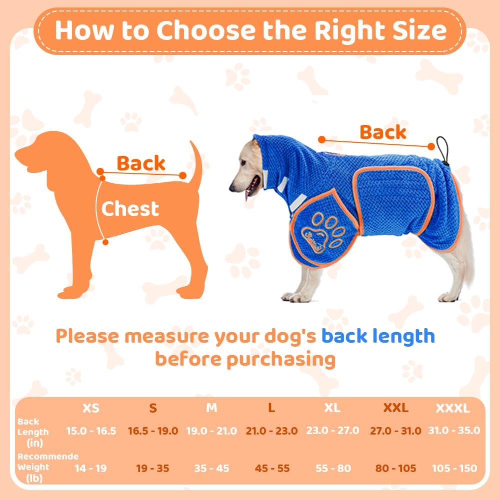SlowTon Dog Bathrobe Drying Coat – Super Absorbent Microfiber Towel Wrap with Adjustable Collar & Belly Strap, Fast Drying Bath Robe for After Bath Swim, for Large, Medium, Small Dogs (Blue XS)