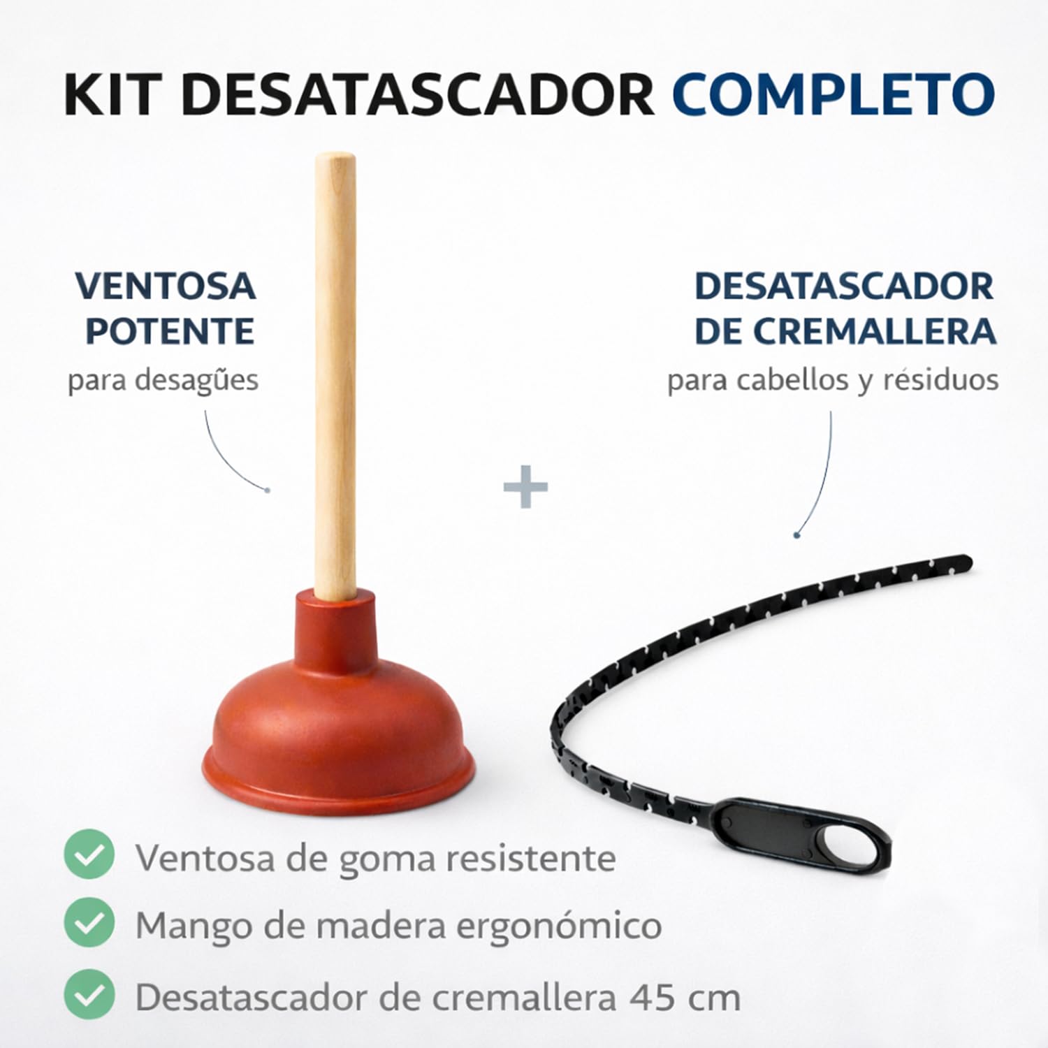 Desatascador Tuberias Profesional con Ventosa de Goma 11 cm y Mango de Madera 23 cm + Desatascador de Cremallera 45 cm – Ventosa Desagüe para Fregadero, Ducha y Lavabo — view 2