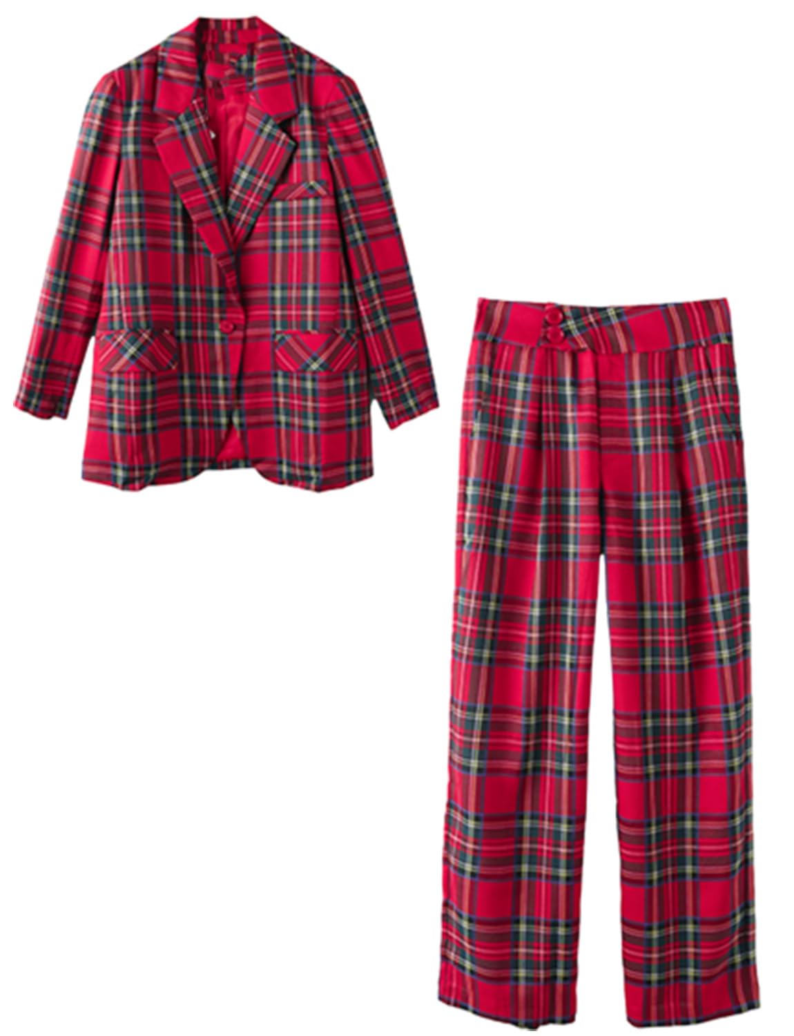 Womens Business Two Pieces Office Lady Suit Set Tartan Plaid Work One Button Jacket and Pants