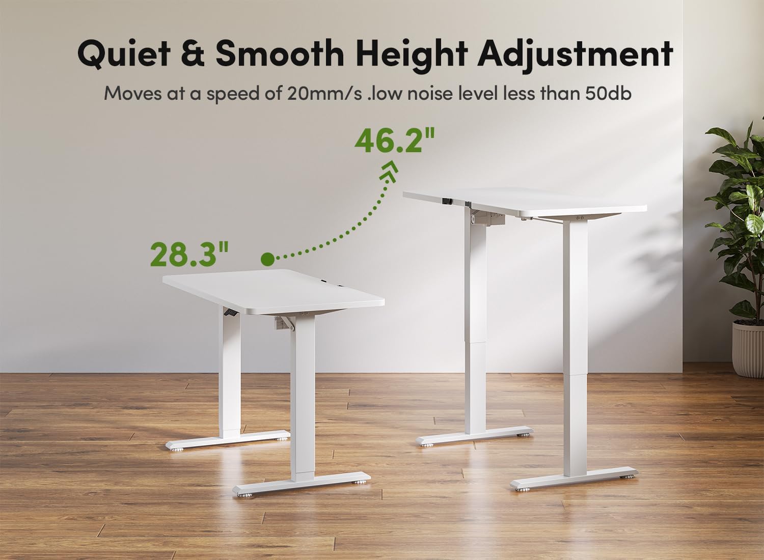 Visual representation of the BANTI Electric Standing Desk's quiet and smooth height adjustment mechanism, showing the desk moving from its lowest (28.3 inches) to highest (46.2 inches) position.