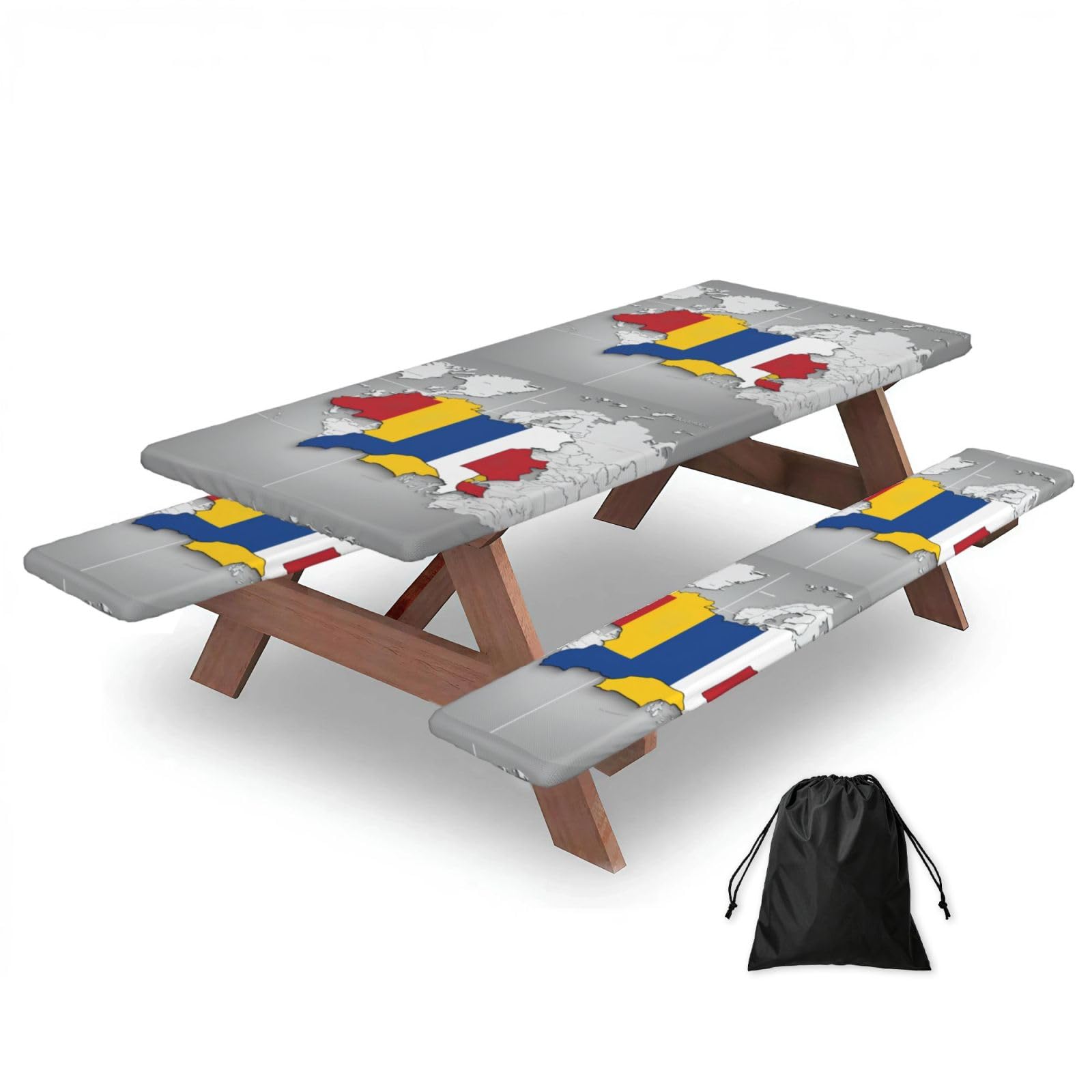 Duwaa Black Romania Position Flag Map Print 183Cm Picnic Table Cover With Bench Covers, Waterproof Elastic Tablecloth Set For Outdoor