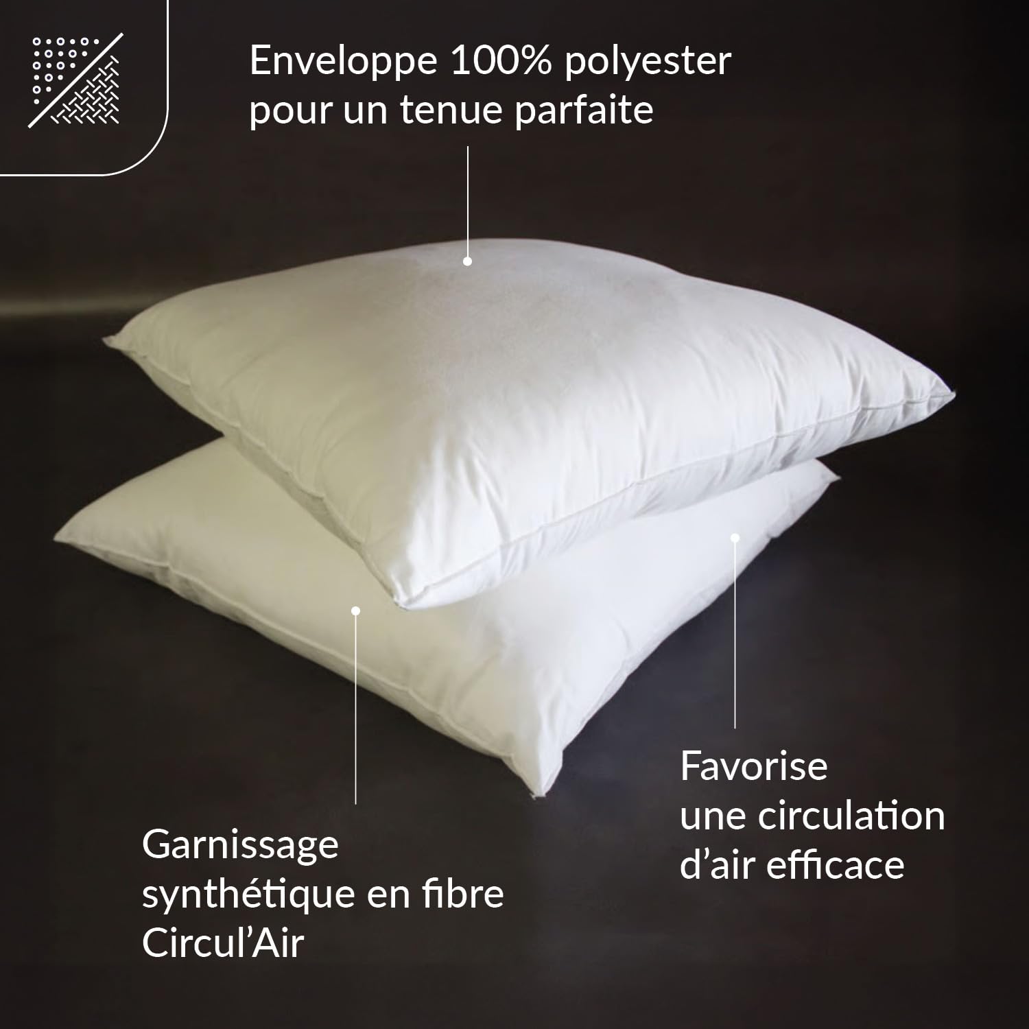 DODO - Lot de 2 Oreillers Anti-Acariens 60x60 cm - Confort Médium, Finition Bourdon - Enveloppe 100% Polyester - Garnissage Synthétique 100% Polyester Circul'Air - Lavable en Machine à 40°C