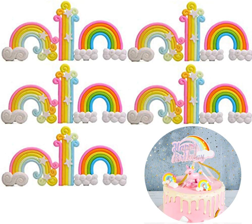 Xinlie Rainbow Cake Topper Cupcake Pick Wedding Birthday Party Favor Dessert Rainbow Design Cake Pick Stars Clouds Standup Wafer Happy Birthday Party Supplies Cake Decoration Kids (15 Pieces)