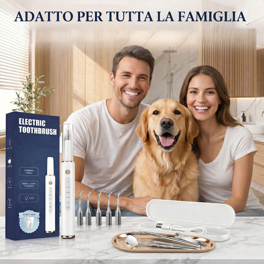 Kit Pulizia Denti Tartaro，Spazzolino Elettrico Ultrasuoni con 5 Modalità Per Rimozione Placca Macchie con 5 Testine Intercambiabili e Luci LED Set da 13 Pezzi per Pulizia Tartaro Uso Quotidiano a Casa