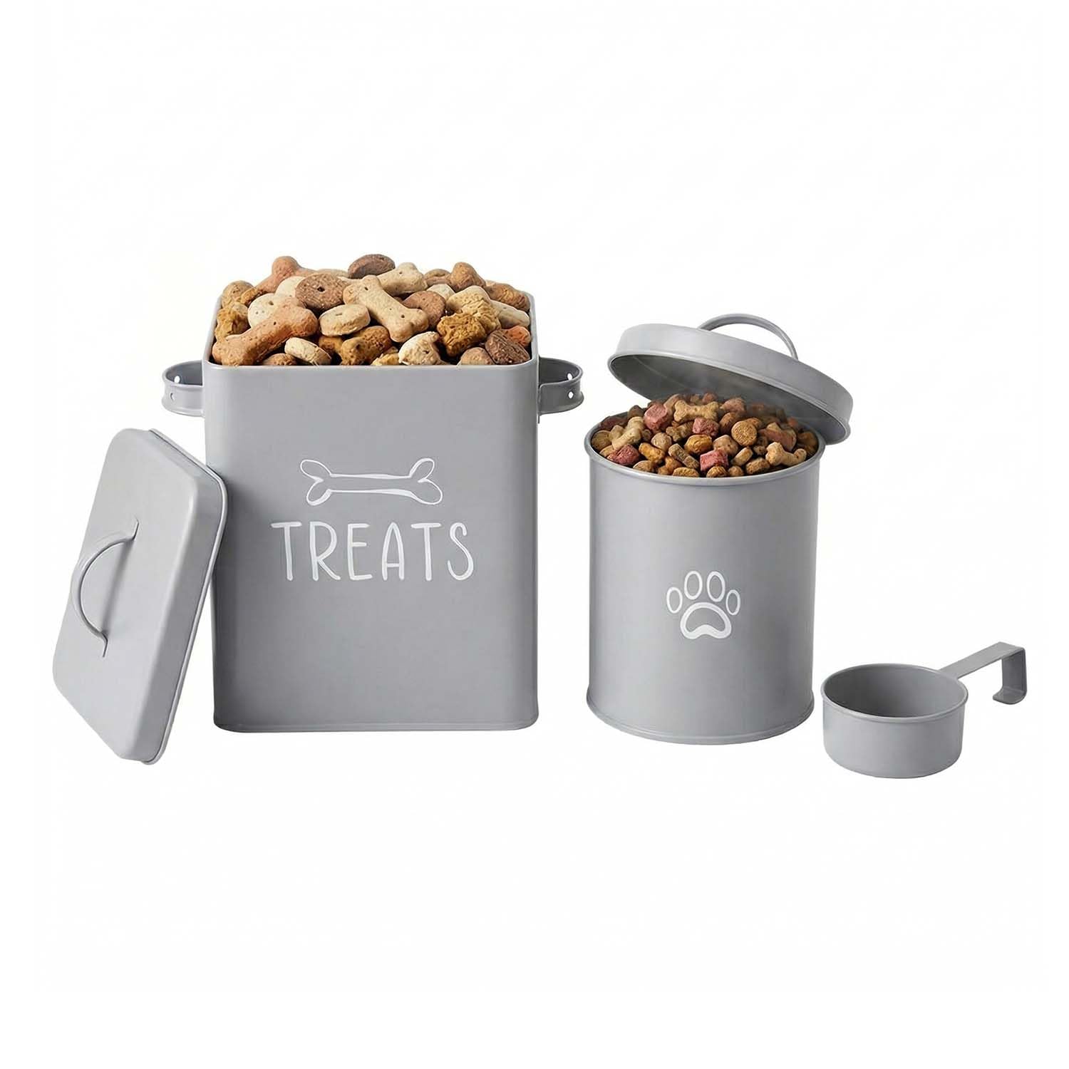 UHL Pet Food Storage Tin Set with Airtight Lids, Grey Metal Cat & Dog Treat and Food Containers with Handles, Includes 6.2L Rectangular & 1.6L Round Treats Airtight Canister and Scoop, 3-piece Set