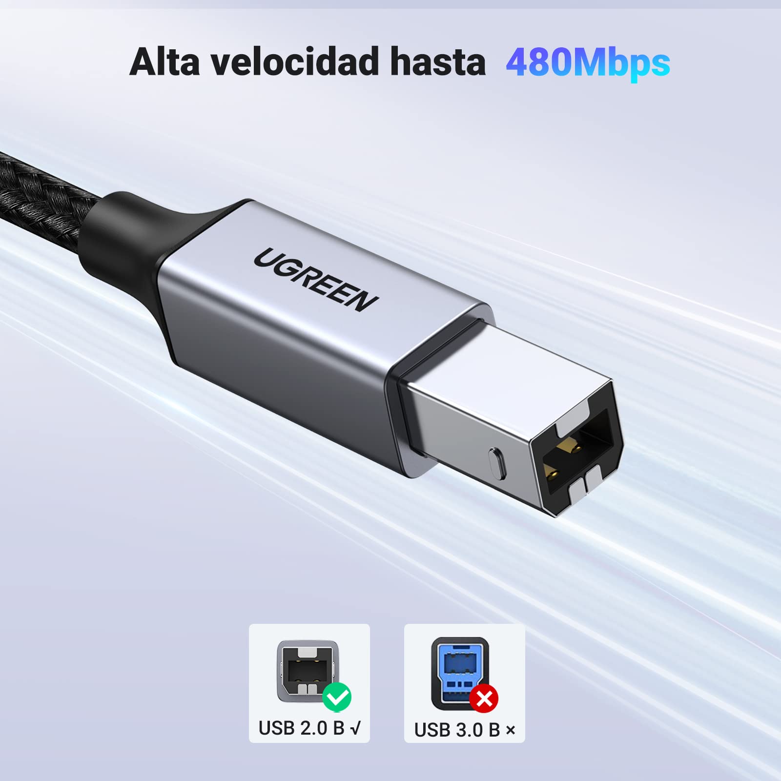 UGREEN Cable de Impresora USB C a Tipo B 2.0 Compatible con MacBook Pro, iPad, ASUS, HP, Epson, Brother, Lexmark, Canon (1 Metro)