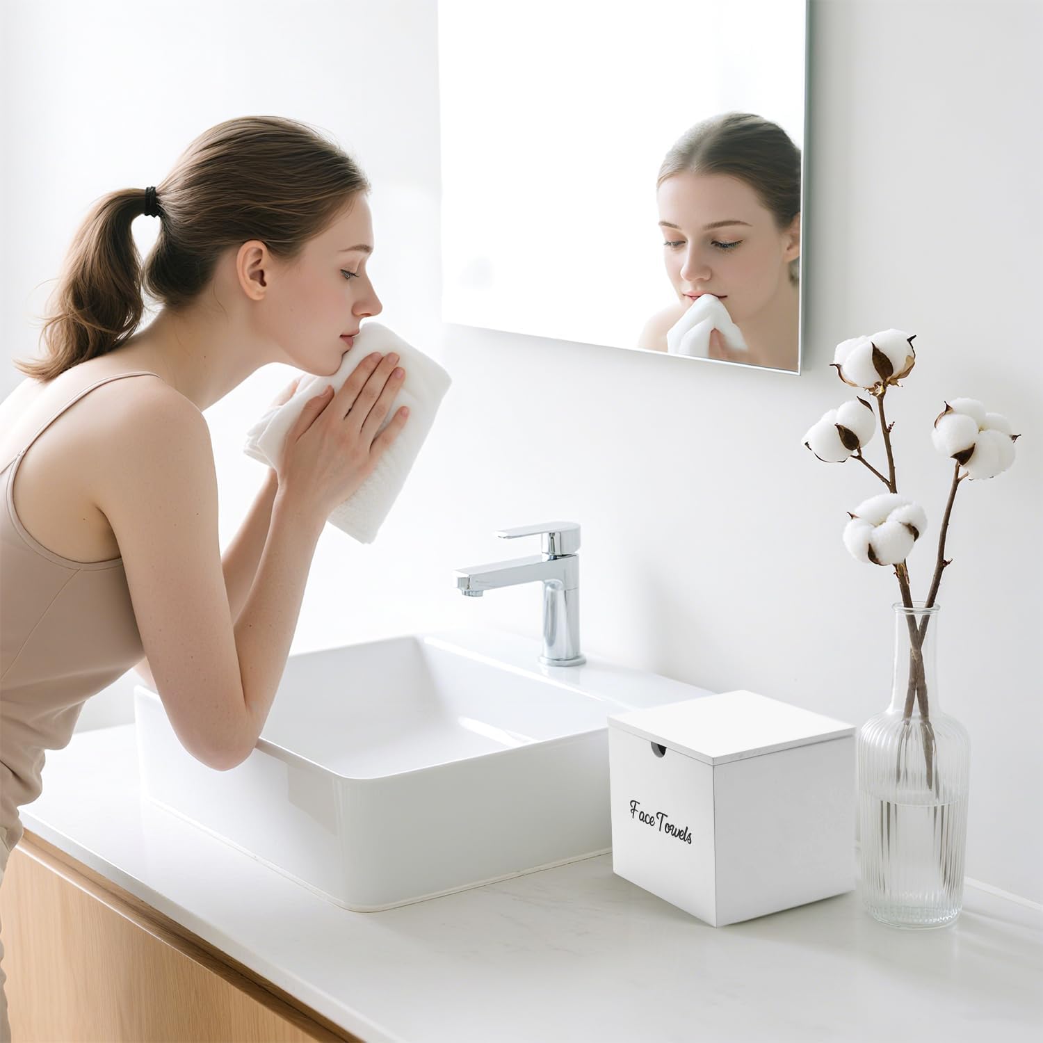 Wooden Disposable Face Towel Holder Compatible with Clean Towel XL, Clean Towels Xl Container for Bathroom Countertop, White Facial Towels Storage Box, Pine Wood - Image 7