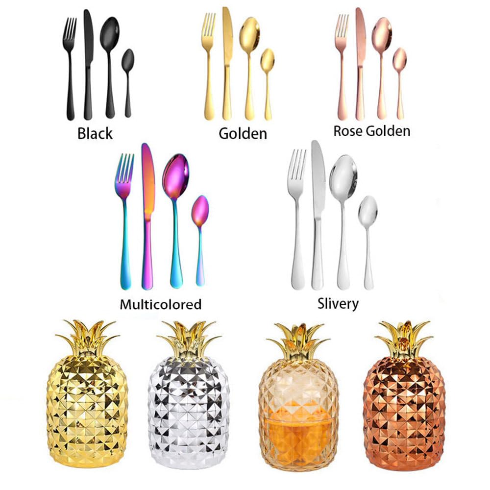 Juego de cubiertos de acero inoxidable, 24 cubiertos en forma de piña, utensilios de comer pulidos con espejo para 6, juego completo de tenedor y cuchara para el hogar o restaurante