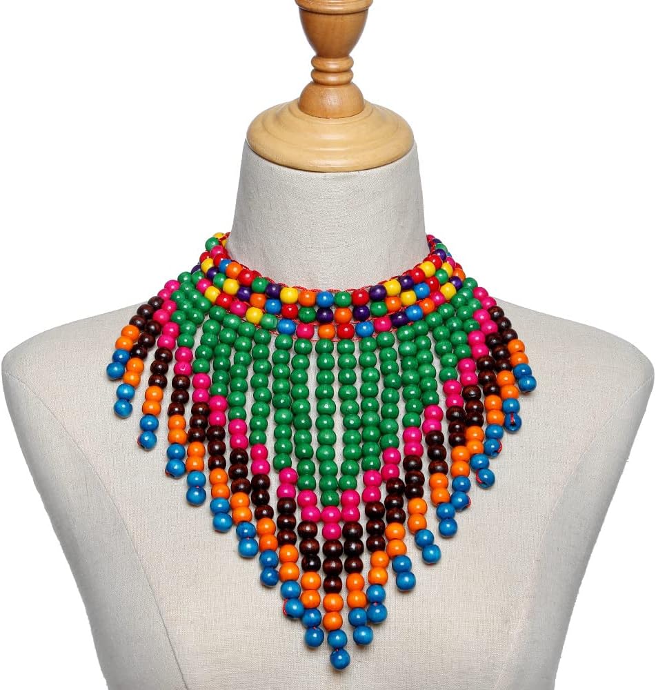 COLORFUL BLING Boho African Wooden Beaded Bib Statement Choker Necklace Long Multi Strand Chunky Layered Collar Tassel Necklace for Women Handmade Jewelry - Image 2