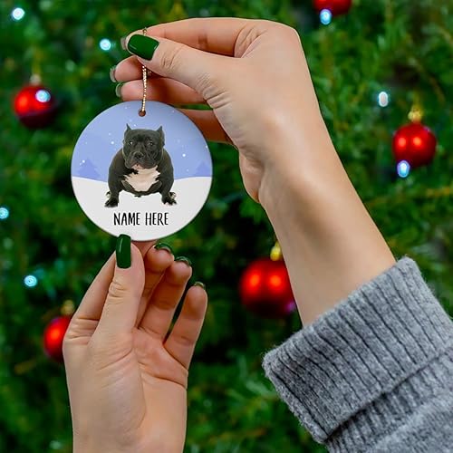 Miniatura 2 de Adornos para árbol de Navidad con nombre personalizado, diseño de American Bully, color negro, círculo de cerámica, regalos de texto personalizados