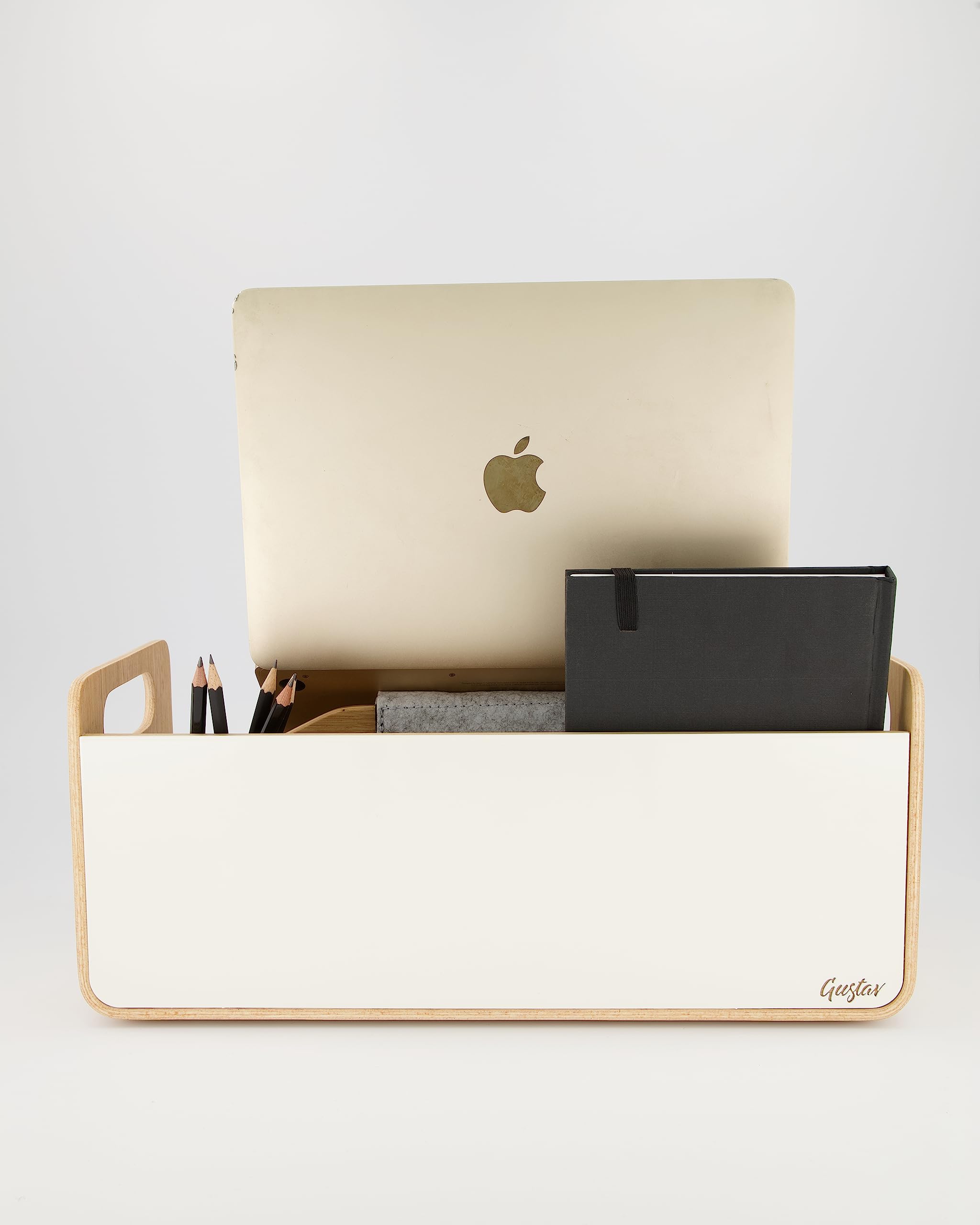 Gustav Original – Mobiler Laptopständer & Schreibtisch-Organizer aus Holz & Aluminium | Ergonomisch, tragbar, für Büro, Home-Office & Unternehmen (bis 15 Zoll)