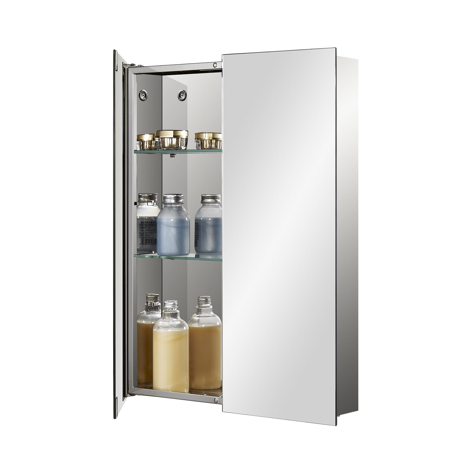 Fundin Stainless Steel Bathroom Mirror Cabinet with Double Doors, Adjustable Tempered Glass Shelves, Surface Mounted, 50cm W x 65cm H, Mirrored Finish