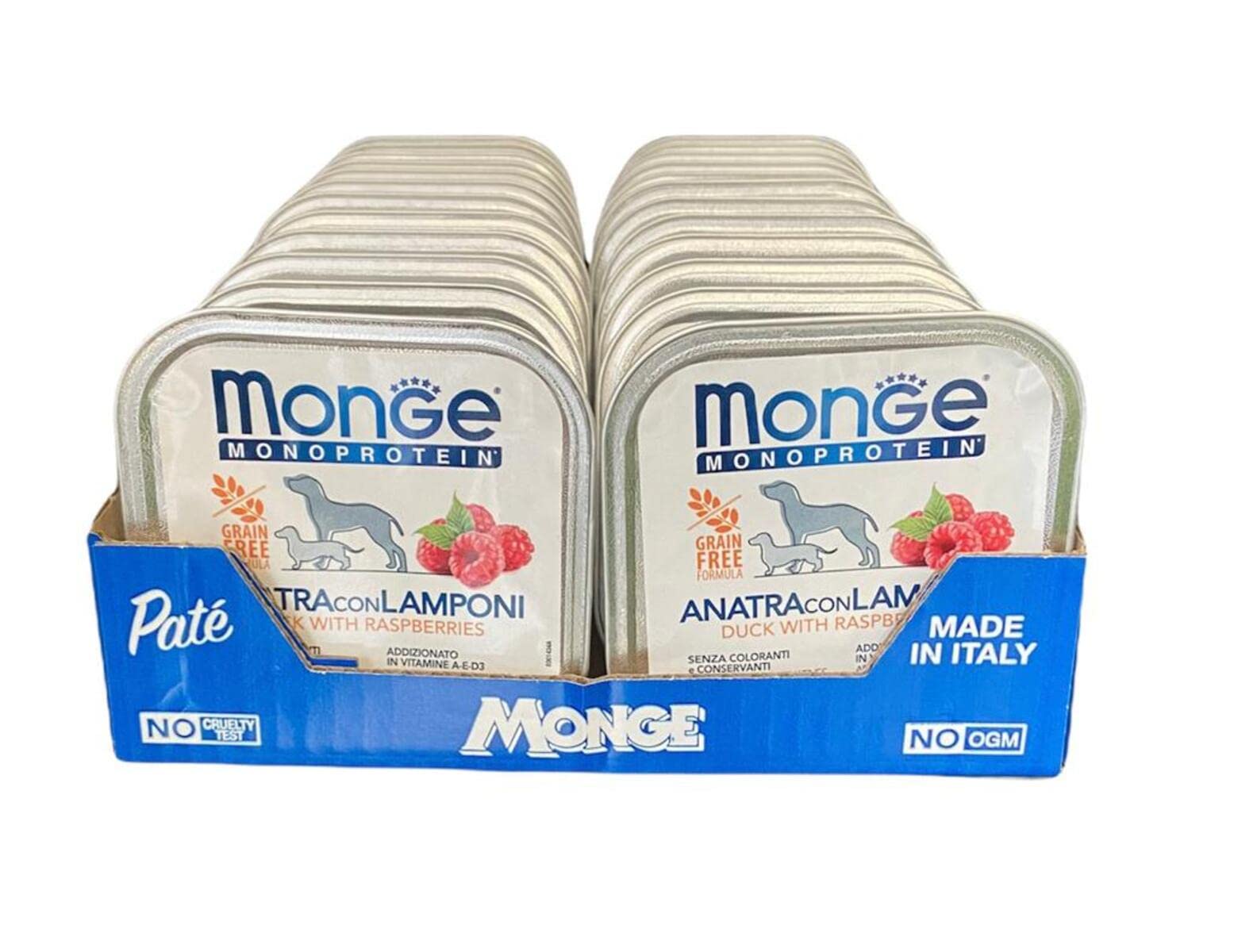 Monge Monoprotein Cibo umido per Cane Anatra con Lamponi, naturalmente senza coloranti, conservanti e zuccheri aggiunti. Confezione da 24 vaschette (1 = 150gr.)