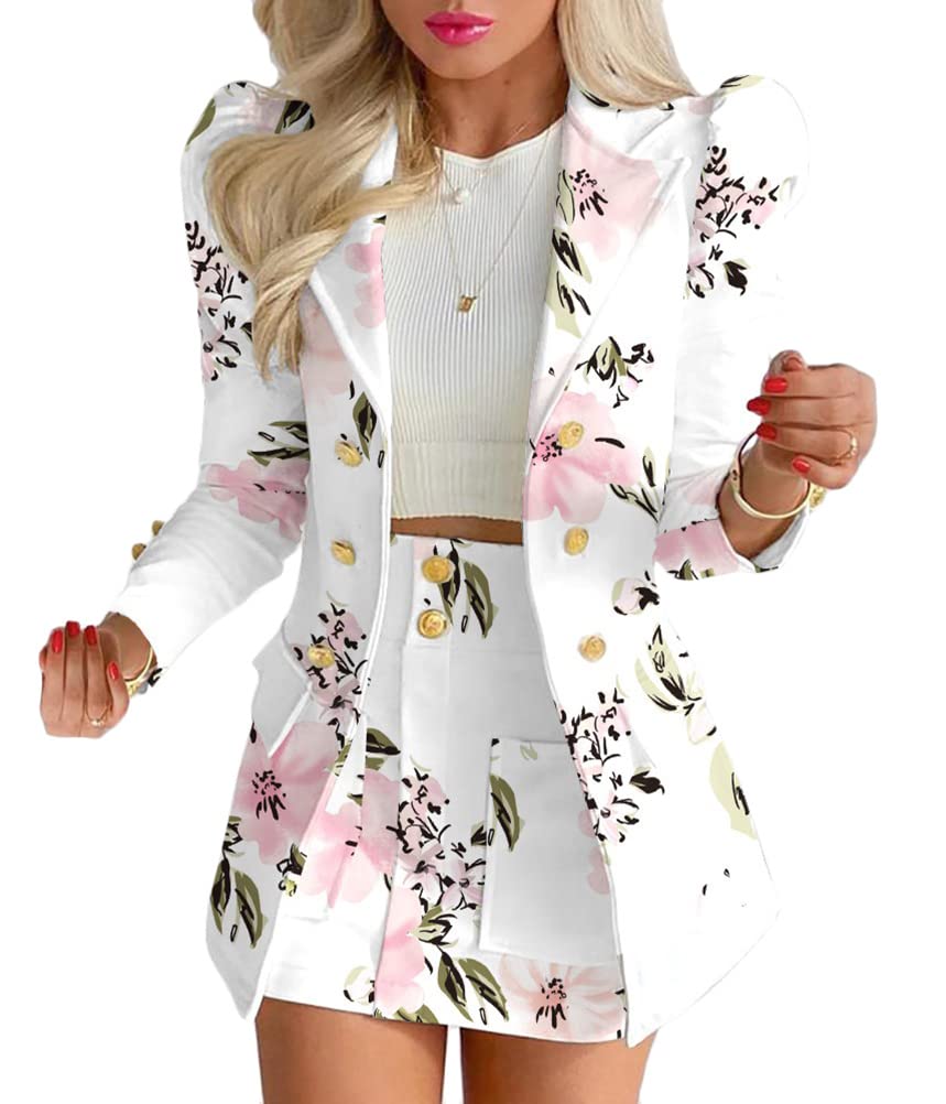 shownicer Damen Business 2-teiliger Anzug Rock Anzug Zweiteiler Elegant Einfarbig Anzug Set Puffärmel Blazer Anzugjacke und A-Linie Rock