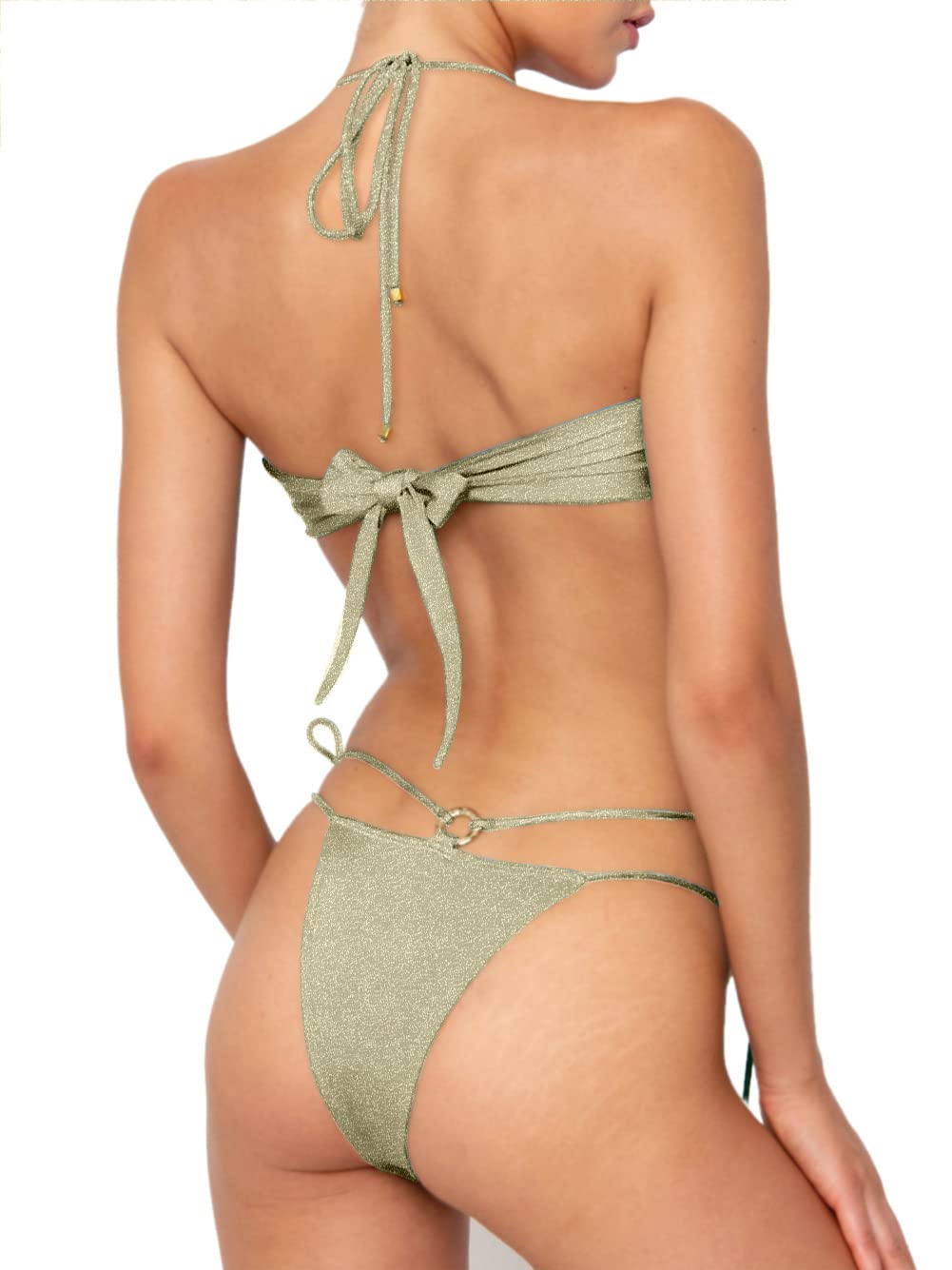 Ensemble bikini coquin pour femme - Couleur unie - Cordon cintré réglable - Deux pièces - Maillot de bain brésilien triangle