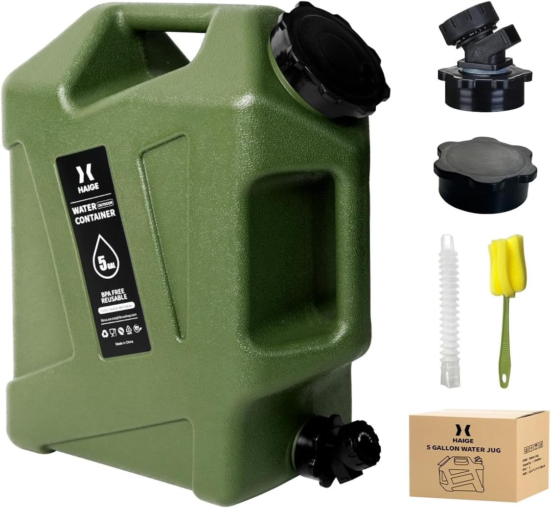 HAIGE 5 Gallon Water Jug with Spigot, BPA-Free Portable Water Container for Camping Picnic Hiking Emergency Water Storage, Green 5 Gal Water Tank with Handle & Lid