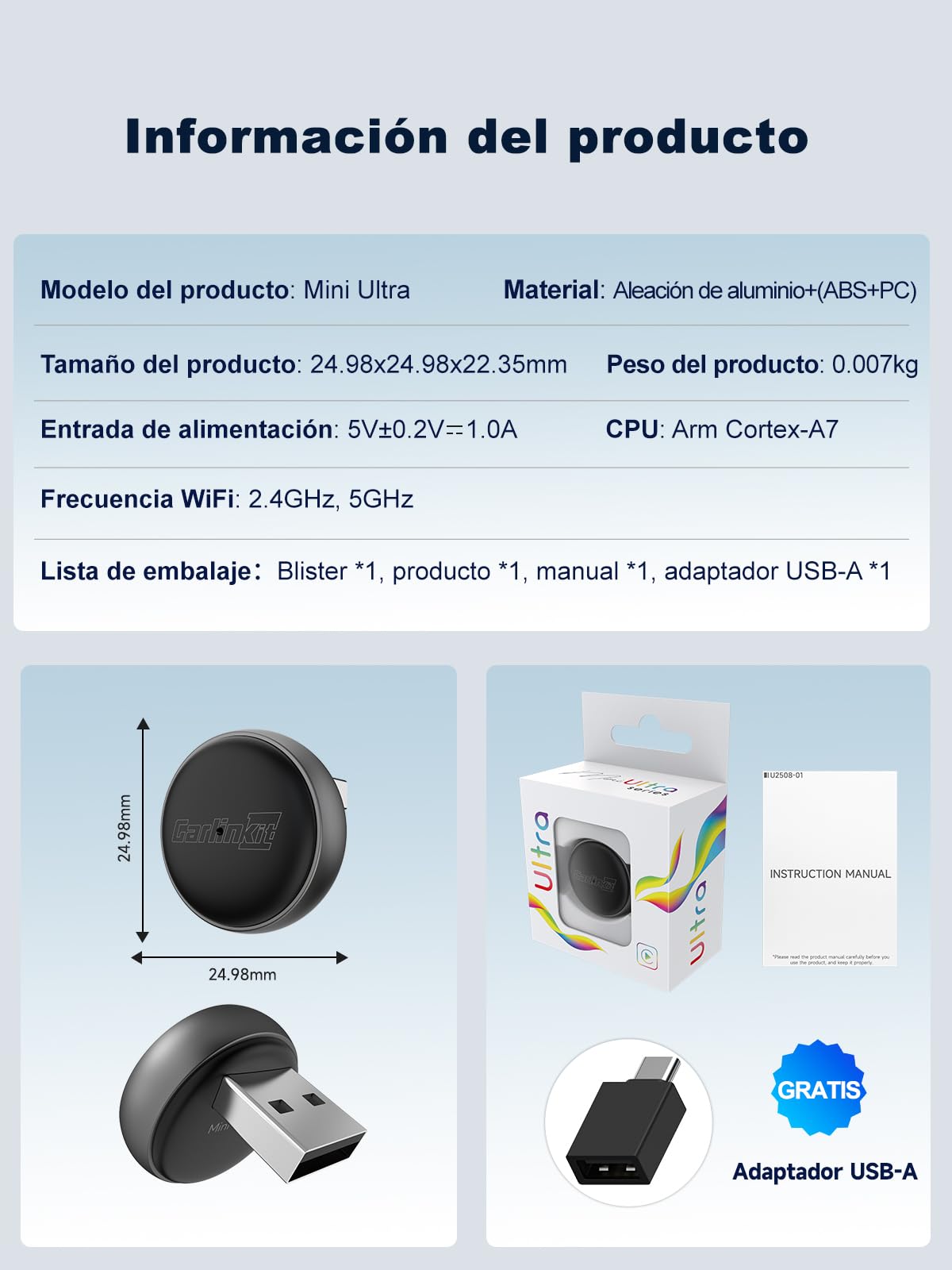 Carlinkit Mini Ultra3 Adaptador Inalámbrico CarPlay&Android Auto, Convierte el Sistema Original de Cableado a Inalámbrico, Conexión Rápida USB-A/USB-C, Plug & Play, Actualización OTA