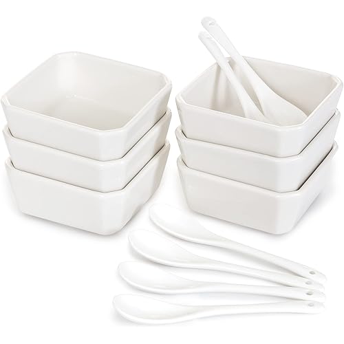 FAMHH 6 Oz White Porcelain Serving Bowls Set – 6 Small Bowls and 6 Serving Spoons – Sturdy, Oven- and Dishwasher-Safe Ceramic Condiment Cups for Sauces, Desserts and Appetizers