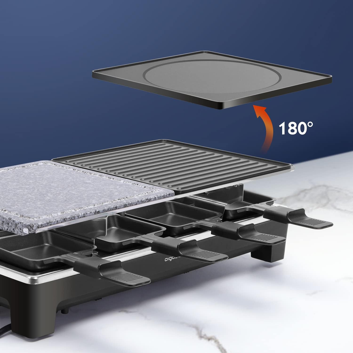 Aigostar Kabul 30REL - Grill Elettrica, raclette con pietra naturale e griglia in acciaio inossidabile reversibile, 1500W. Include 8 mini padelle. Termostato regolabile completamente rivestito.