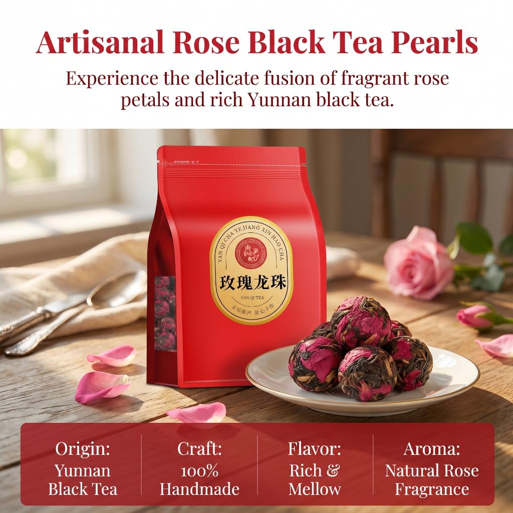 Perle Di Tè Nero Alla Rosa Premium | Tè Nero Cinese in Foglie Sfuse 250g*2/17,64oz | Dolcezza Setosa | Tè Nero Per L'uso Quotidiano E in Ufficio