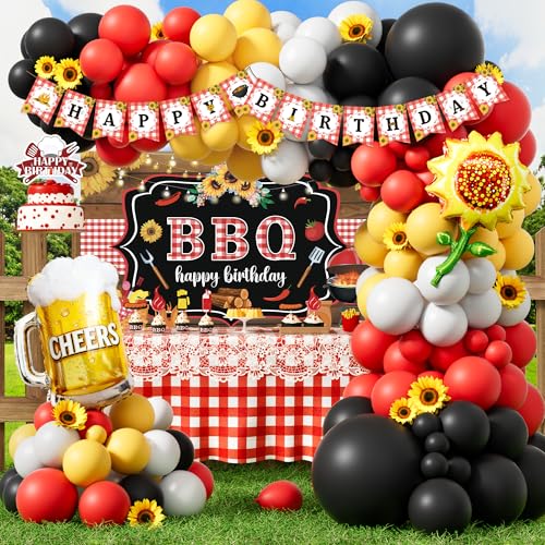 BBQ Birthday Party Decorations, Summer Picnic-Themed Birthday Party Supplies, Barbecue Sausage Grill Cooking Theme Backdrop Banner Cake Topper for BBQ Outdoor Backyard Party Decorations Kit