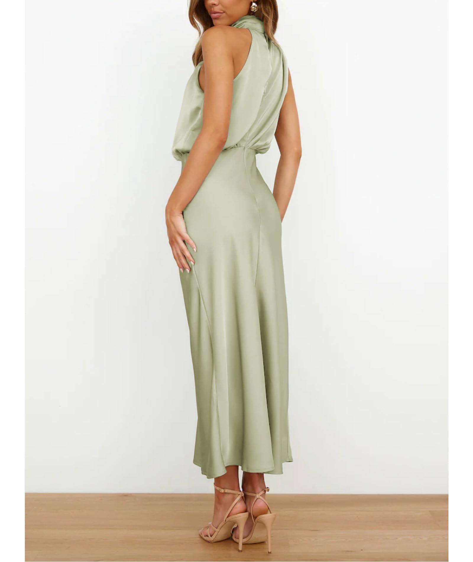 Elegancka satynowa sukienka bez rękawów, wysoka talia, na wesele, dla gości weselnych, sukienka koktajlowa, sukienka balowa, sukienka na imprezę, sukienka midi
