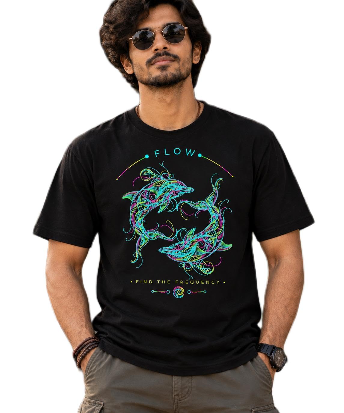 Flow Find the Frequency Psychedelic Dolphin Graphic T-Shirt
