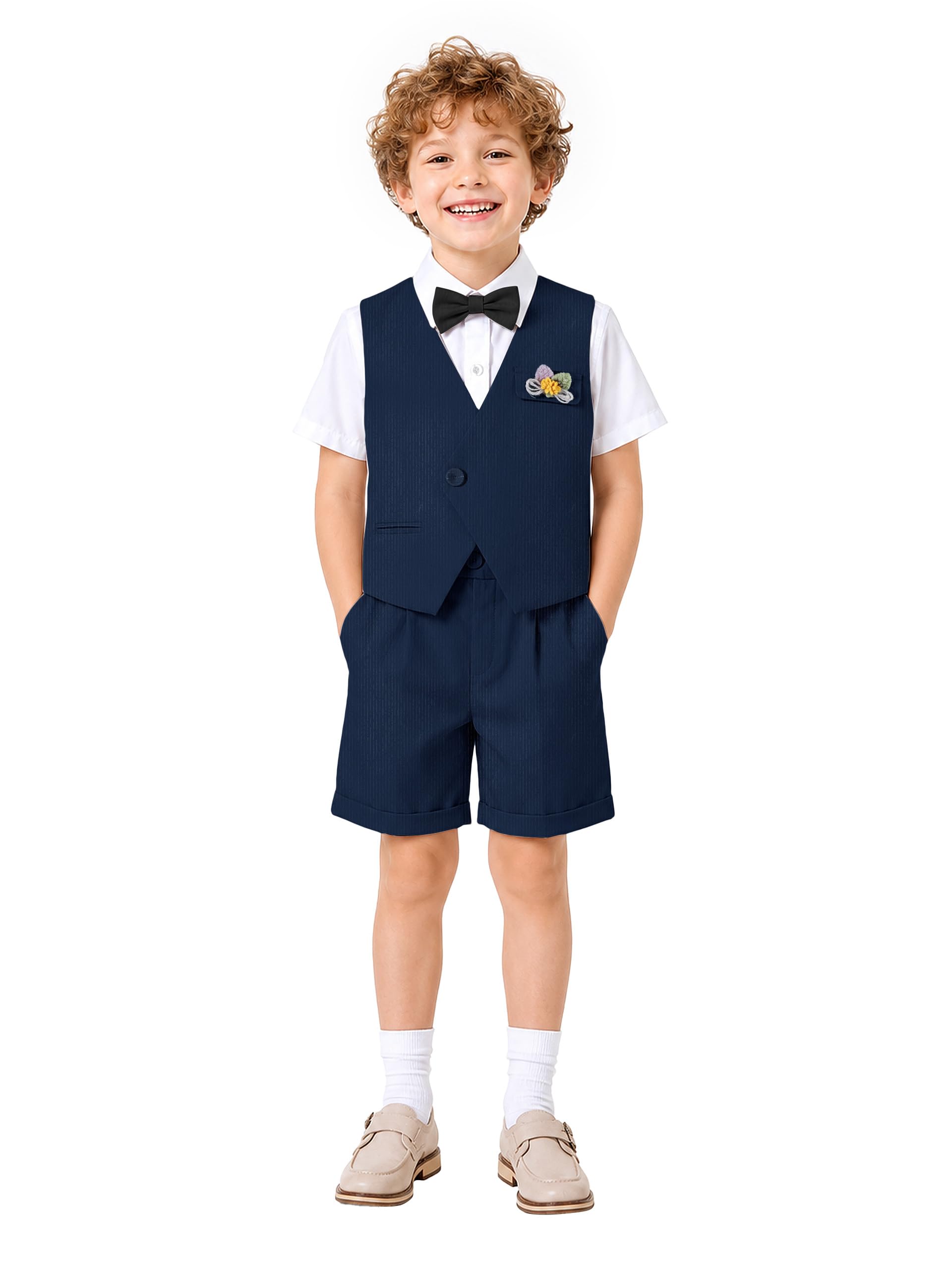 LOLANTA 6-teiliges Sommer-Set für Jungen mit Weste, Hemd, Shorts, Fliege, Hosenträgern, Anstecker, 4–11 Jahre