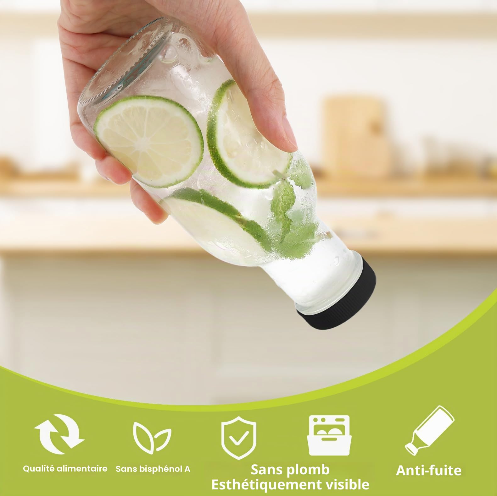 Limili Lot de 4 bouteilles de jus réutilisables 250 ml avec couvercles, bouteilles en verre transparent pour boissons faites maison, pique-niques, voyages, école
