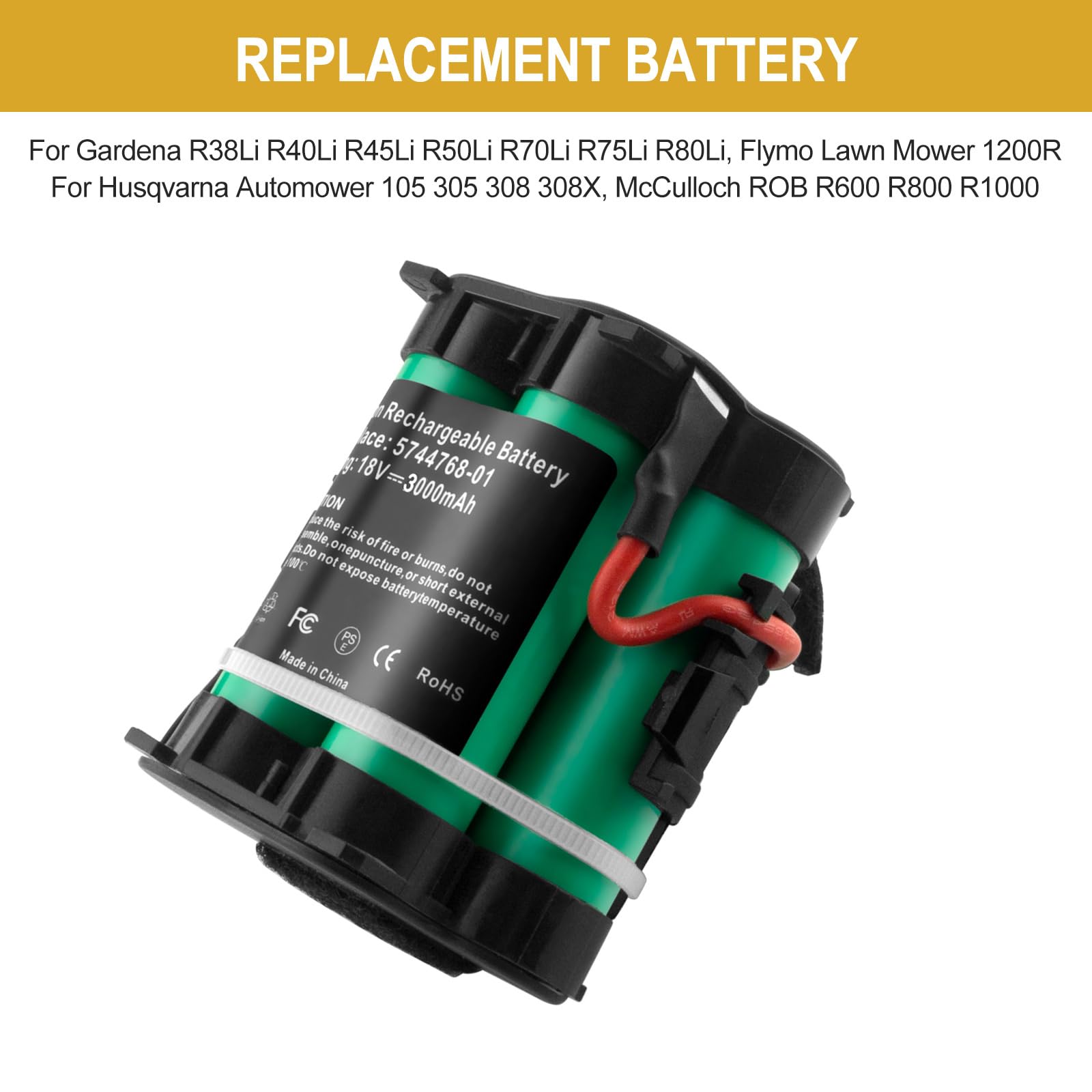 Batería de Litio 3000mAh 18V Compatible con Gardena R38Li R40Li R45Li R50Li R70Li R75Li R80Li, Flymo 1200R, Husqvarna Automower 105 305 308 308X, McCulloch Rob R600 R800 R1000