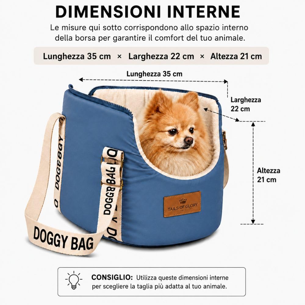 Borsa trasportino cane da viaggio 35 x 22 x 21 cm | Tails of Glory: formato compatto per cani piccoli, ideale per trasporto e spostamenti quotidiani.