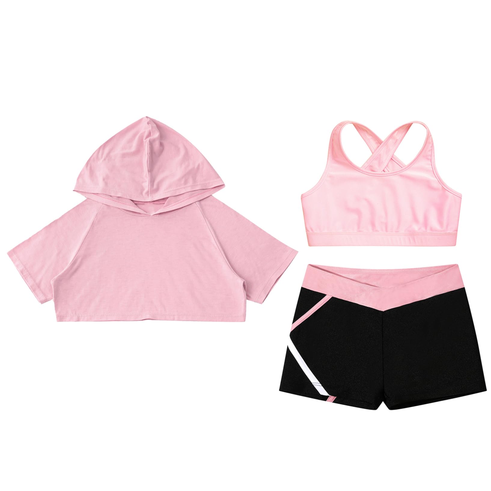 Oyolan Dziecięca dziewczyna zestaw sportowy krótki top bluza z kapturem podkoszulek fitness siłownia joga trening dres lato 5-16 lat