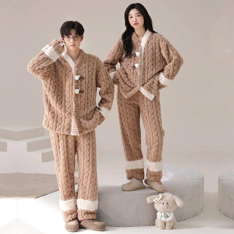 「ジュタオピン」 ペア パジャマ 長袖 もこもこ 厚手 冬 セットアップ カップル 春 秋 秋冬 ルームウェア フランネル ポリエス