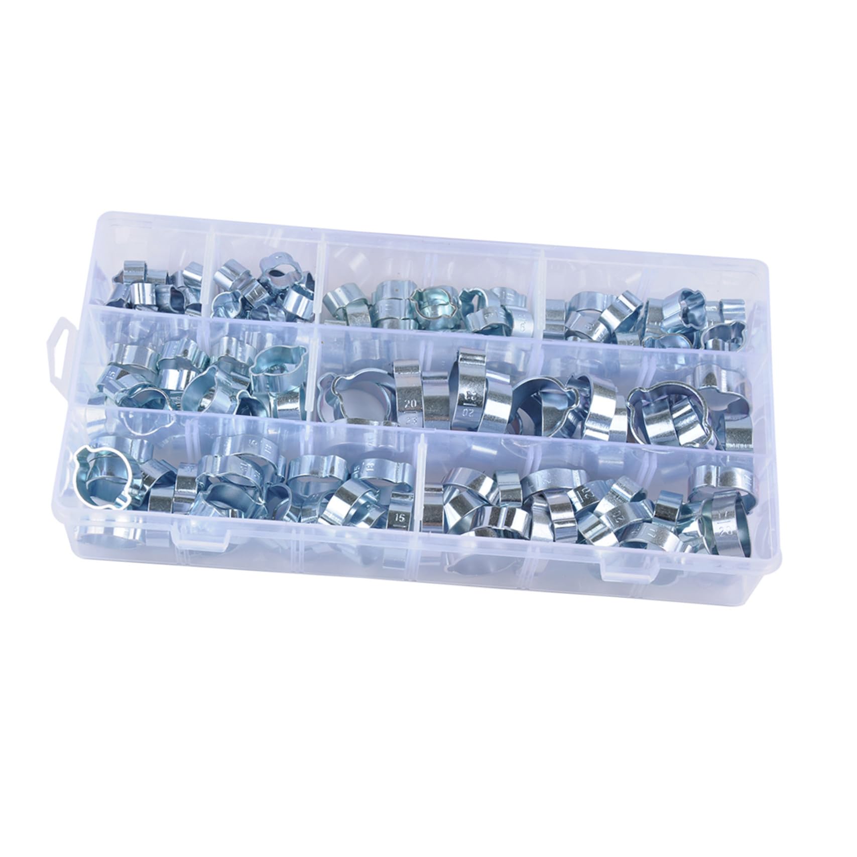 Collier de Serrage du Tuyau 160 Pièces Acier au Carbone Double Oreilles | 8 Tailles Assorties, Boîte de Rangement Incluse, pour Eau et Flexible, Design à Bande Arrondie