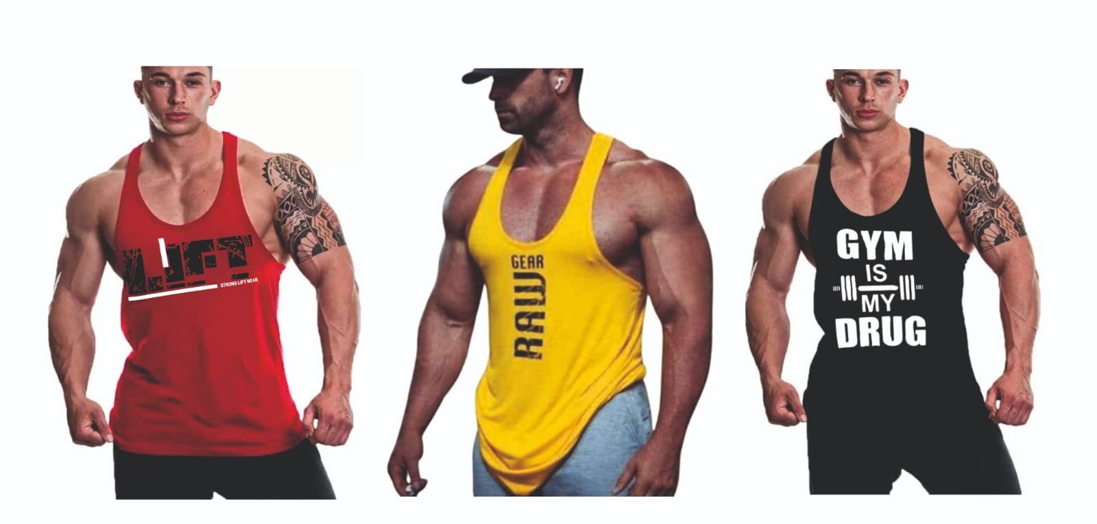 SWAGGER JNSMulticolor Printed Men's Gym Vest Neck Tank Tops Muscle Gym Bodybuilding Sleeveless Slim Fit Vest Combo (Pack of 3)