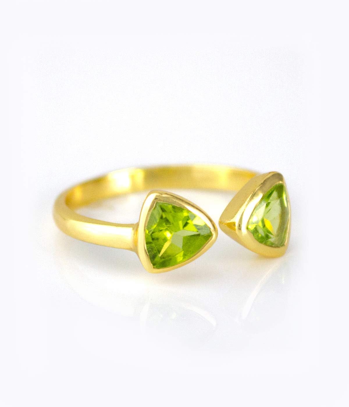 Double Birthstone Adjustable Ring, Geometric Triangle Gemstones, Bezel Set in 18k Vermeil Gold