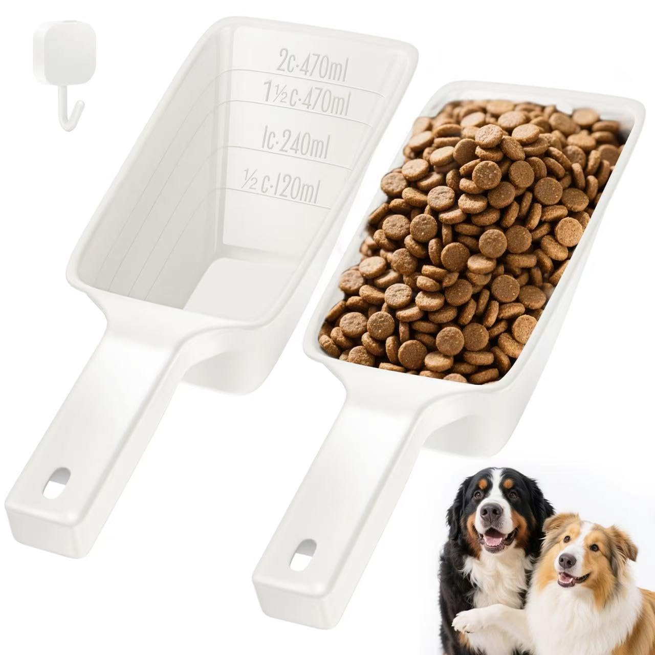Food Scoop 2 PACK,2 Cup Capacity Dog Food Scoop With Measuring Lines For Dog, Puppy and Cat Coffee Bean Scoop, Flour Scoop (Large White)